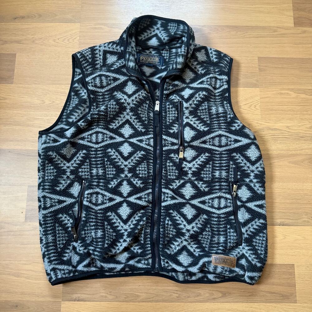 Men's Pendleton Woolen Mills Black Gray Aztec Fleece Zip Up Vest Jacket Sz XL